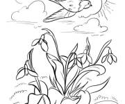 Coloriage Beau oiseau en volant pendant la saison du printemps