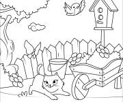 Coloriage Chat en s'amusant avec un papillon dehors