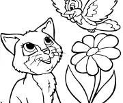 Coloriage et dessins gratuit Chat et oiseaux Printemps à imprimer