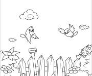 Coloriage Deux oiseaux survolant un jardin au printemps