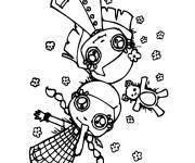 Coloriage Deux petite filles avec un oiseaux profitent du printemps