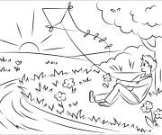 Coloriage Enfant et cerf volant sur le ruisseau au printemps