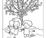 Coloriage Enfant et fille au Printemps