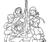 Coloriage Enfants maypole dance en printemps