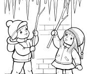 Coloriage Enfants qui enl&egrave;ve la glace du toit au printemps