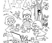 Coloriage Enfants sur un pique-nique au beau temps du printemps