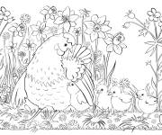 Coloriage Famille de poule et ses poussins au printemps