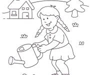 Coloriage Fille arrose les fleurs en Printemps