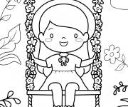 Coloriage Fille kawaii sur une balan&ccedil;oire fleurie au printemps