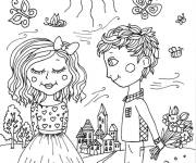 Coloriage Gar&ccedil;on et belle fille se baladent au beau temps du printemps