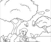 Coloriage Gar&ccedil;on mignon chassant des papillons au printemps