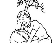 Coloriage Homme qui plante un arbre pendant la saison du printemps