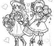 Coloriage Jolies filles de dessin anim&eacute; avec des bouquets de fleurs au prin