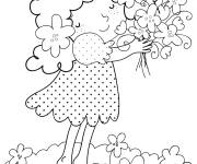 Coloriage La petite fille cueille les fleurs printani&egrave;res parfum&eacute;es