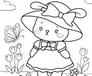 Coloriage Lapin en belle robe debout dans le jardin printanier