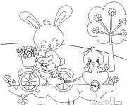 Coloriage Lapin et poussin en s'amusant pendant le Printemps