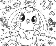 Coloriage Lapin kawaii mignon dans la nature printemps