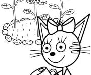 Coloriage Le chat de cartoon arrose les fleurs