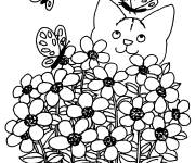 Coloriage Le chat s'amuse en plein air du Printemps