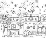 Coloriage Le merveilleux village pendant le printemps