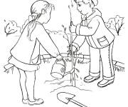 Coloriage Les deux enfants plantent un arbre pendant la p&eacute;riode du printemp