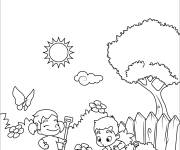 Coloriage Les enfants aiment planter les fleurs au printemps