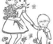 Coloriage Les enfants collectent les fleurs du Printemps