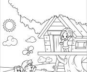 Coloriage Les enfants dans une cabane d'arbre au printemps