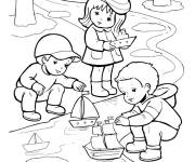 Coloriage Les enfants s'amusent en lan&ccedil;ant des bateaux dans la riviere