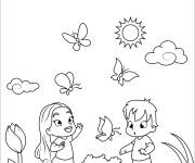 Coloriage Les enfants surveillent les papillons au printemps