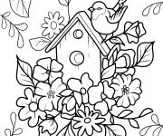 Coloriage Maison d'oiseau avec fleurs et oiseaux