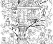 Coloriage Maison sur arbre magique au printemps