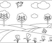 Coloriage Paysage de la nature en Printemps