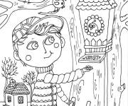 Coloriage Pendant le printemps, le gar&ccedil;on nourrit les oiseaux