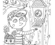 Coloriage Peter nourrit les oiseaux au printemps