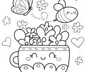 Coloriage Pot de fleurs Kawaii avec abeille et papillon