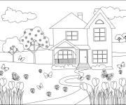 Coloriage Printemps, fleurs, papillons et maison