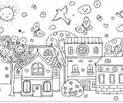 Coloriage Scene de la ville en printemps