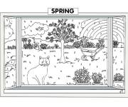 Coloriage Sc&egrave;ne de printemps vue de la fen&ecirc;tre