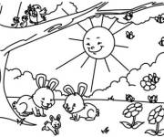 Coloriage Soleil et animaux heureux en Printemps
