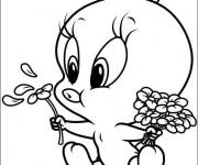 Coloriage Twitty tenant des fleurs du printemps