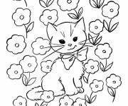 Coloriage Un beau chat dans le champs des fleurs facile