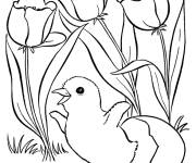 Coloriage Un poussin qui saute de joie en Printemps