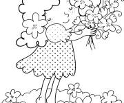 Coloriage Une jolie fille avec un bouquet de fleur au printemps