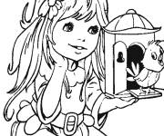 Coloriage Une jolie fille et un oiseau qui gazouille