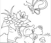 Coloriage une vieille chaussure, escargot et papillon au printemps