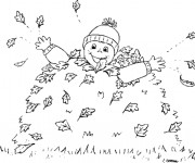 Coloriage Enfant amus&eacute; avec Les feuilles