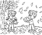 Coloriage Enfant et Arbres en Automne