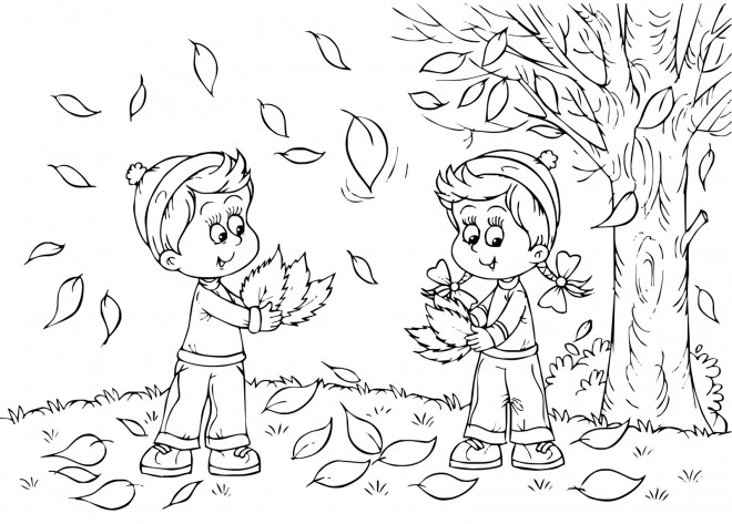 Coloriage et dessins gratuits Enfants collectent les feuilles d'arbres à imprimer