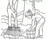 Coloriage M&egrave;re et sa petite au jardin en Automne
